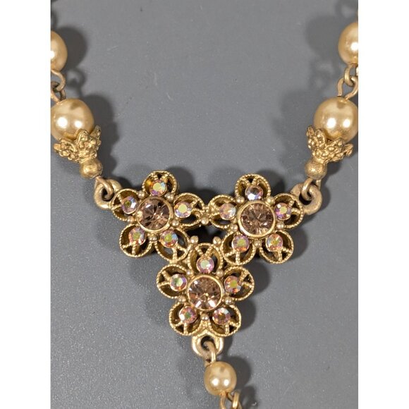 1928 Golden Aurora Borealis Faux Pearl Flower Y-Drop Necklace 19" Elegant - Picture 6 of 11